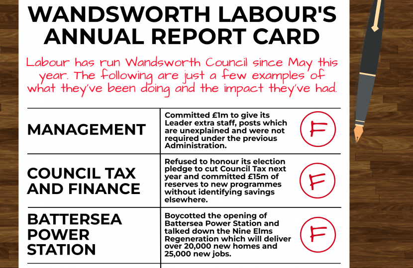 A report card showing Labour's failures in Wandsworth over the last six months.